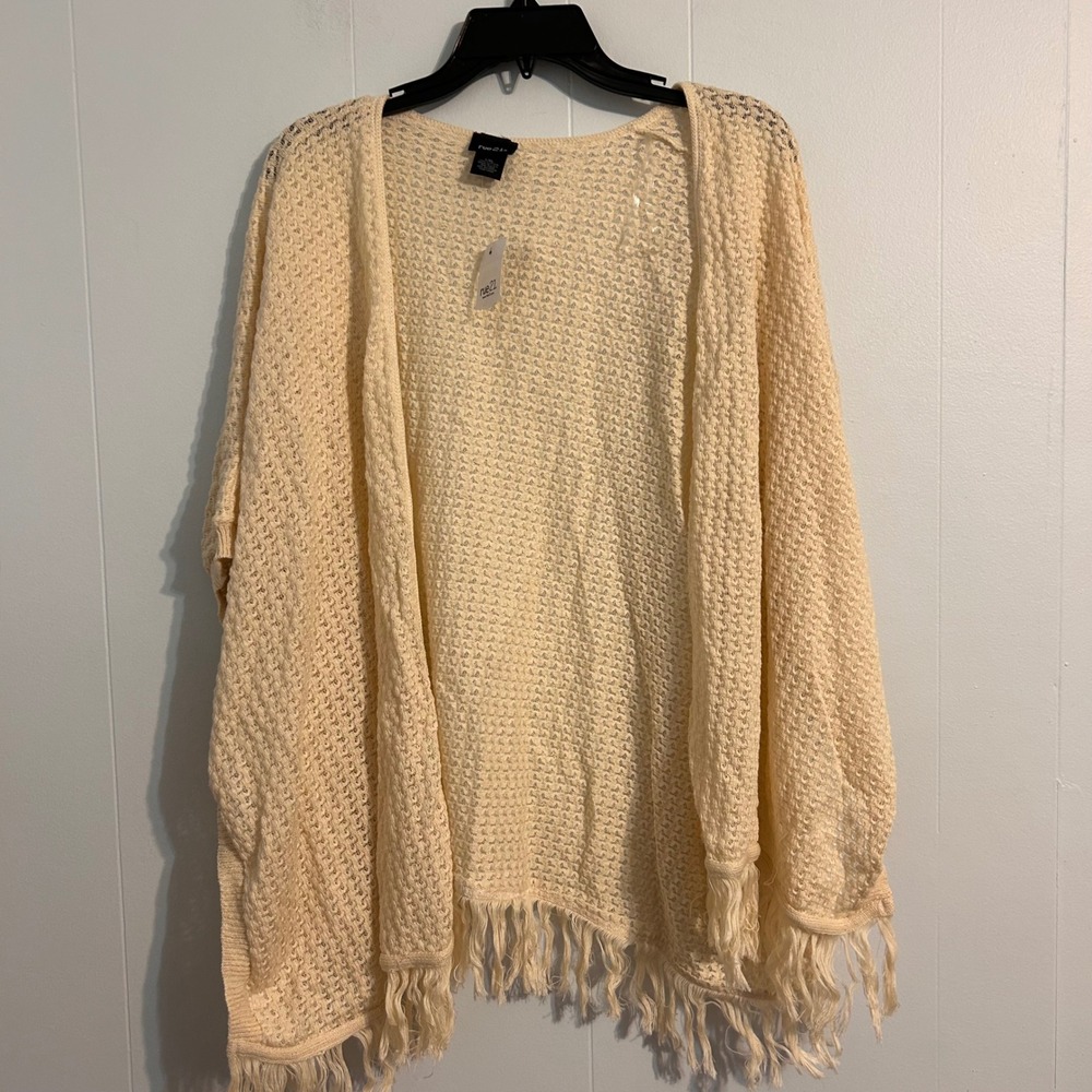 rue21 Womens Cream Open Knit Fringe Cardigan L/XL 100% Cotton Made in USA 208480
